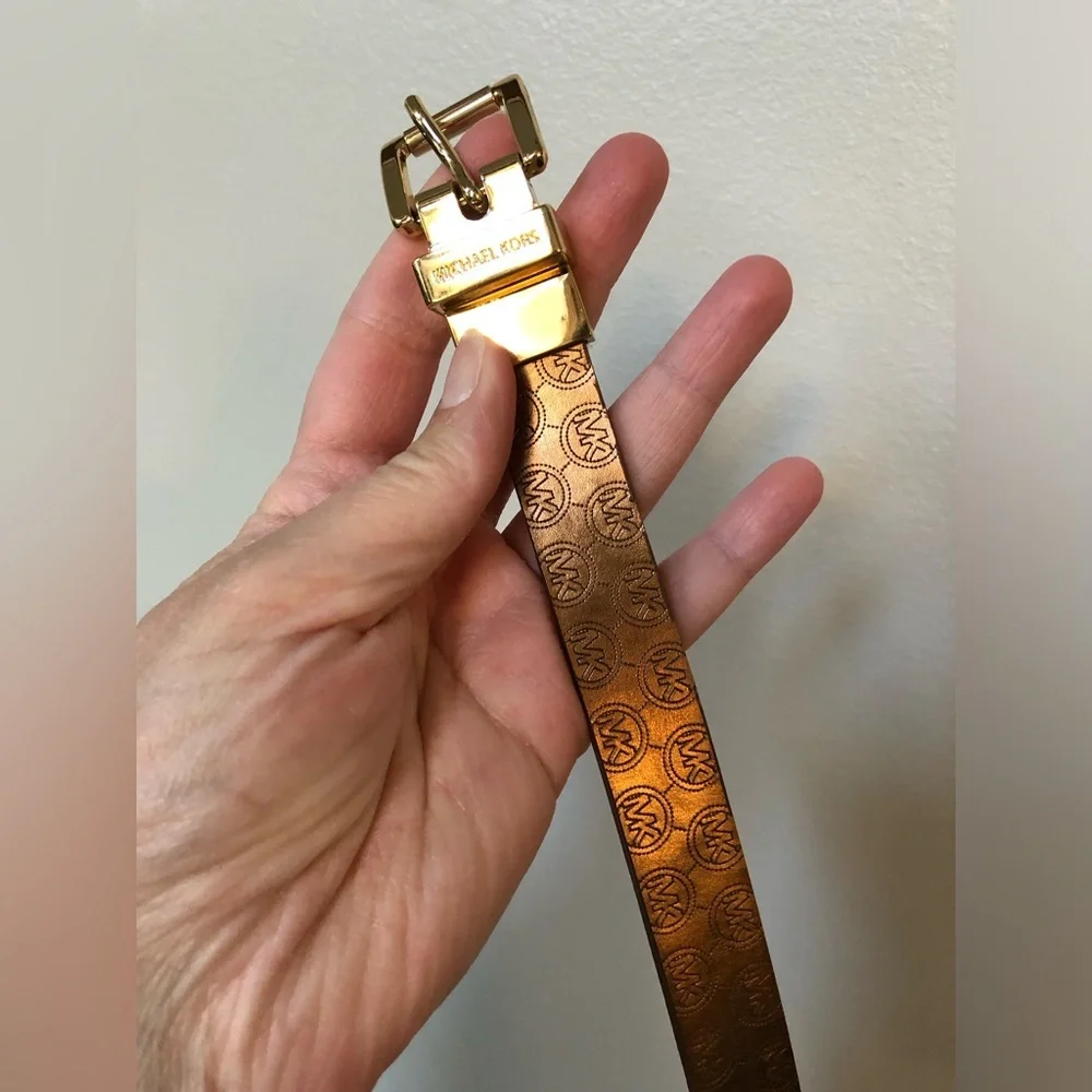 Michael Kors Women’s S Copper Logo/Brown Leather Reversible Gold Buckle 1” Belt